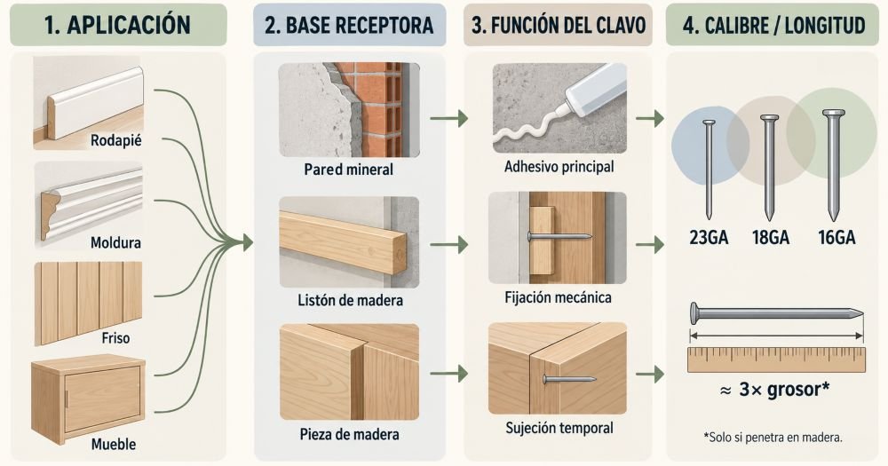 Esquema para elegir clavadora de carpintería según la aplicación, la base y la función del clavo