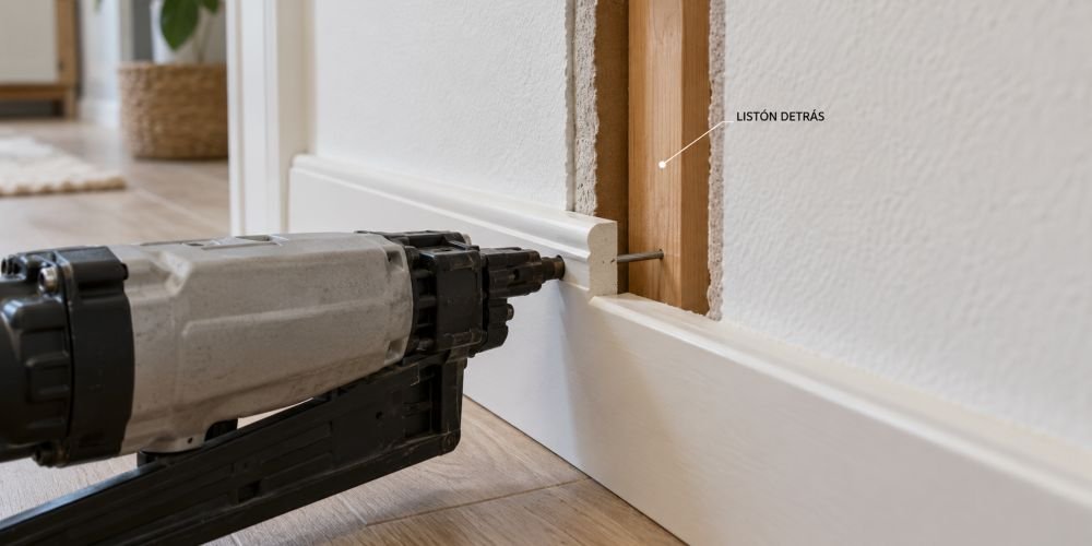clavado de rodapié de MDF sobre listón de madera