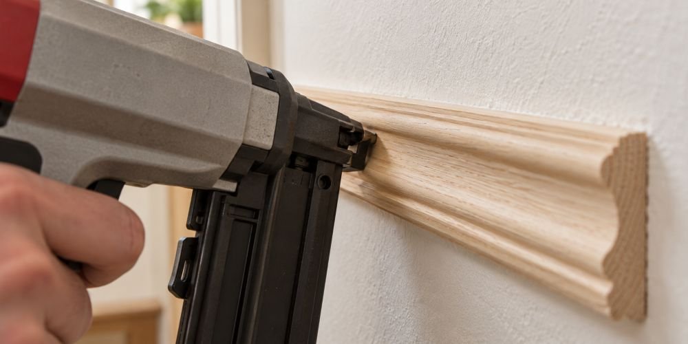 clavadora aplicando clavo en moldura decorativa, ángulo de disparo